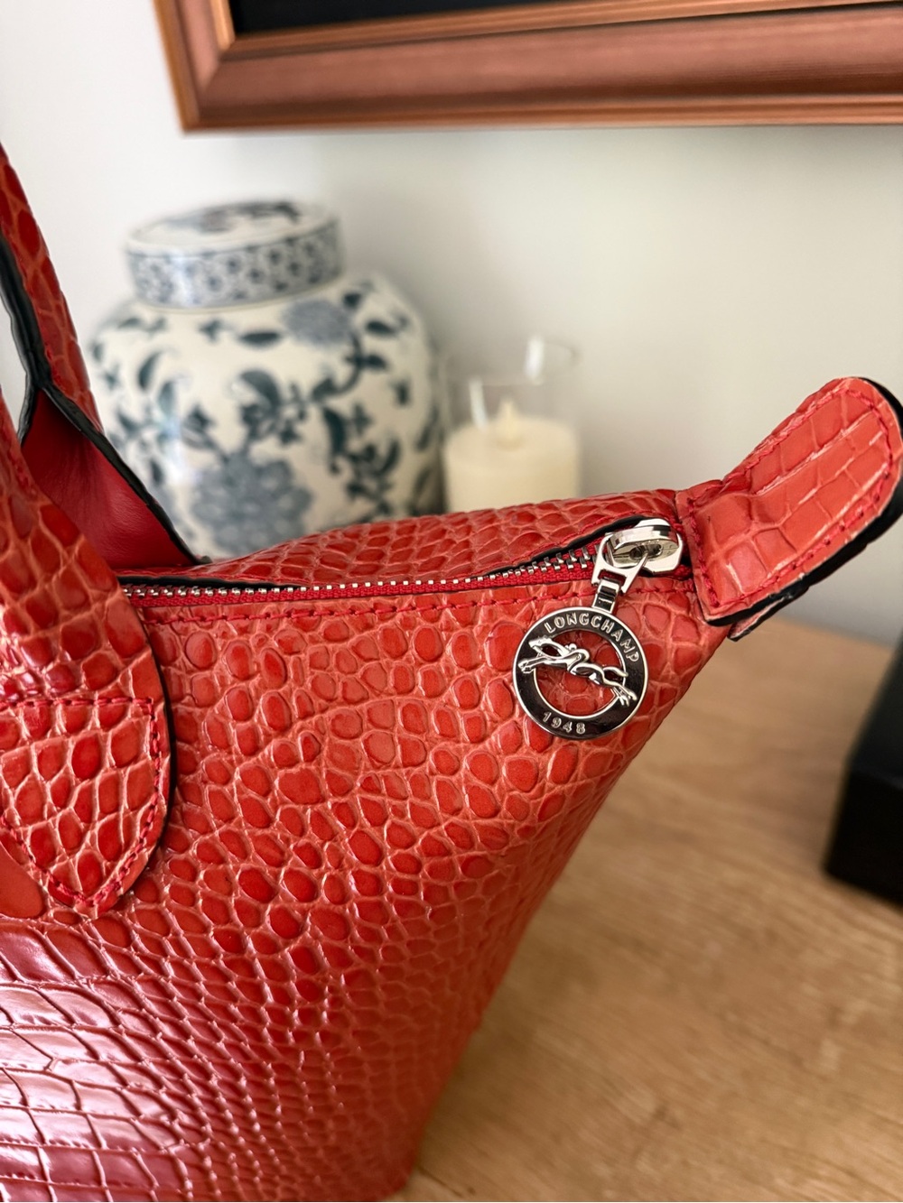 NWOT Longchamp Le Pliage Cuir bag in a croc-embossed orange leather - Picture 8 of 10